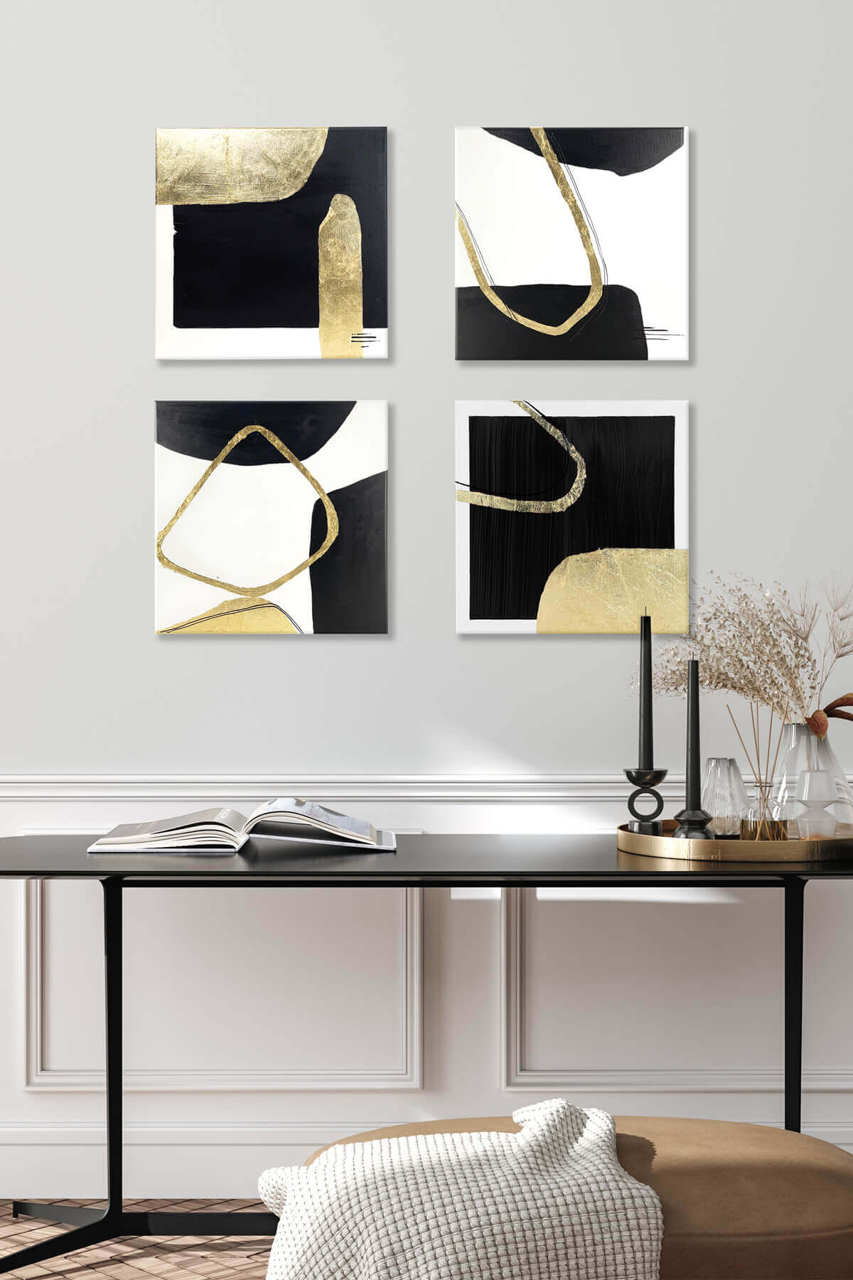 Obraz w salonie nad konsolą, abstrakcja na płótnie, czarny, biały złoto